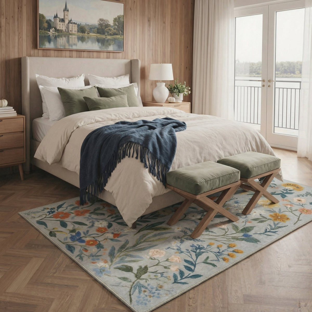 GENIMO 5'x7' Floral Area Rug for Living Room, Machine Washable Non Slip Low Pile Rug for Bedroom Dining Room, Dusty Blue