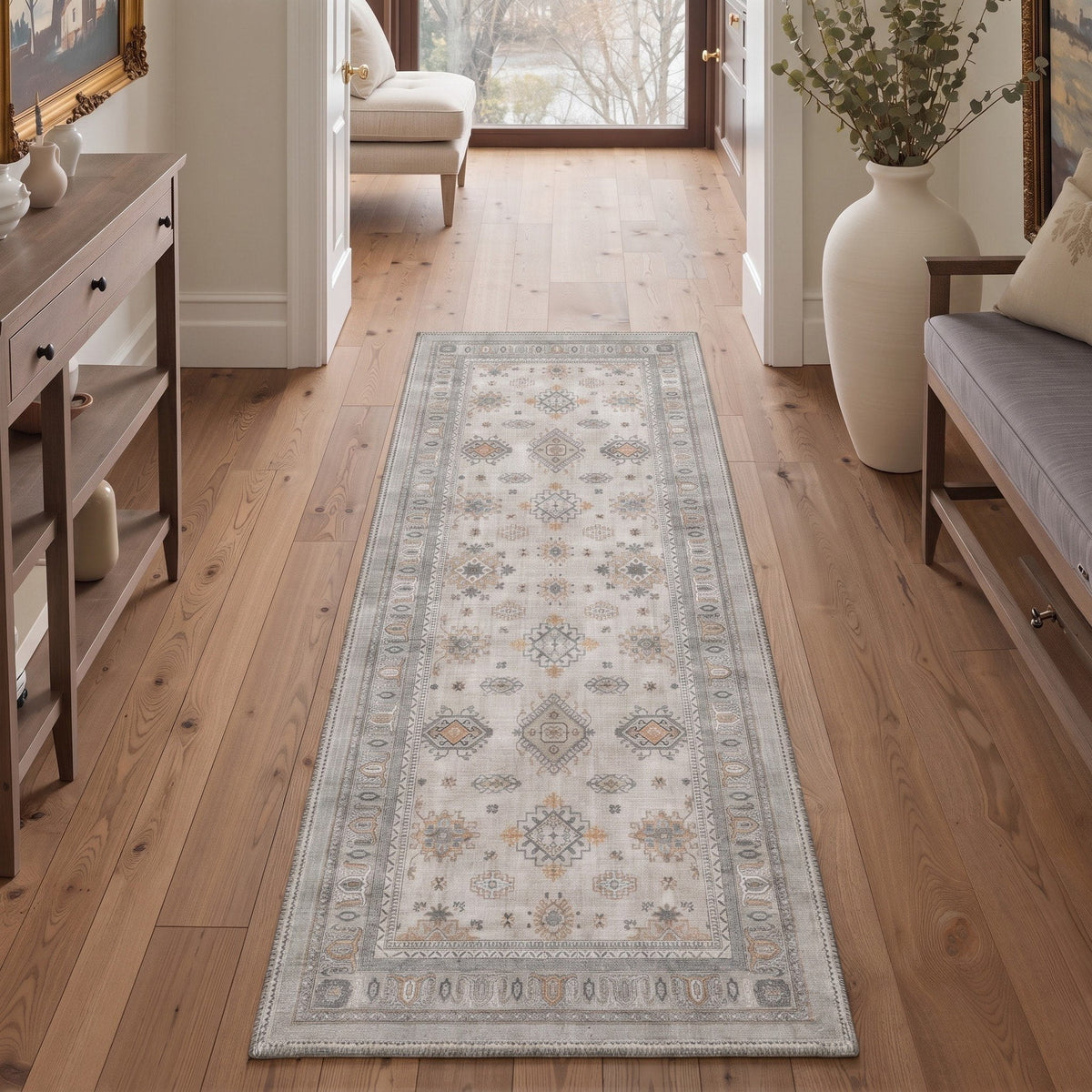 GENIMO 2'x10' Persian Runner Rug, Soft Washable Non Slip Hallway Runner for Kitchen Entryway Laundry Room, Light Gray