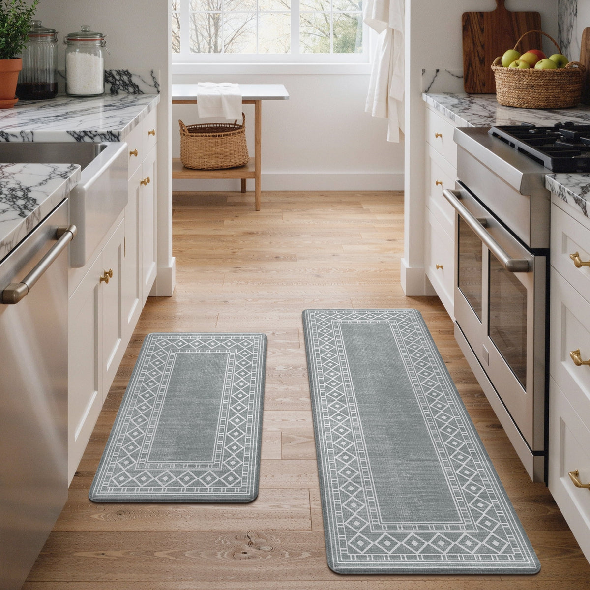 GENIMO 2 Piece Kitchen Rug Set 17"x47"+17"x30", Anti-Fatigue Non-Slip Runner Rug and Mat, Water-Resistant Geometric Kitchen Floor Mats for Sink Laundry Room, Gray