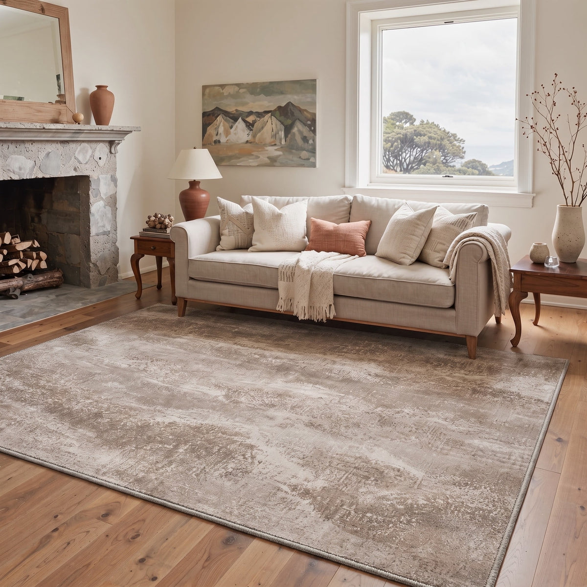 GENIMO 8'x10' Rug for Living Room, Large Machine Washable Non Slip Low Pile Area Rug for Bedroom Dining Room, Artistic Abstract, Dusty Taupe