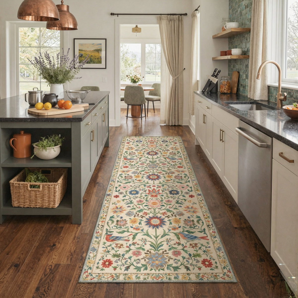 GENIMO 2'x7' Runner Rug, Machine Washable Non Slip Low Pile Hallway Runner Rug for Kitchen Laundry Room, Botanical Floral, Soft Cream