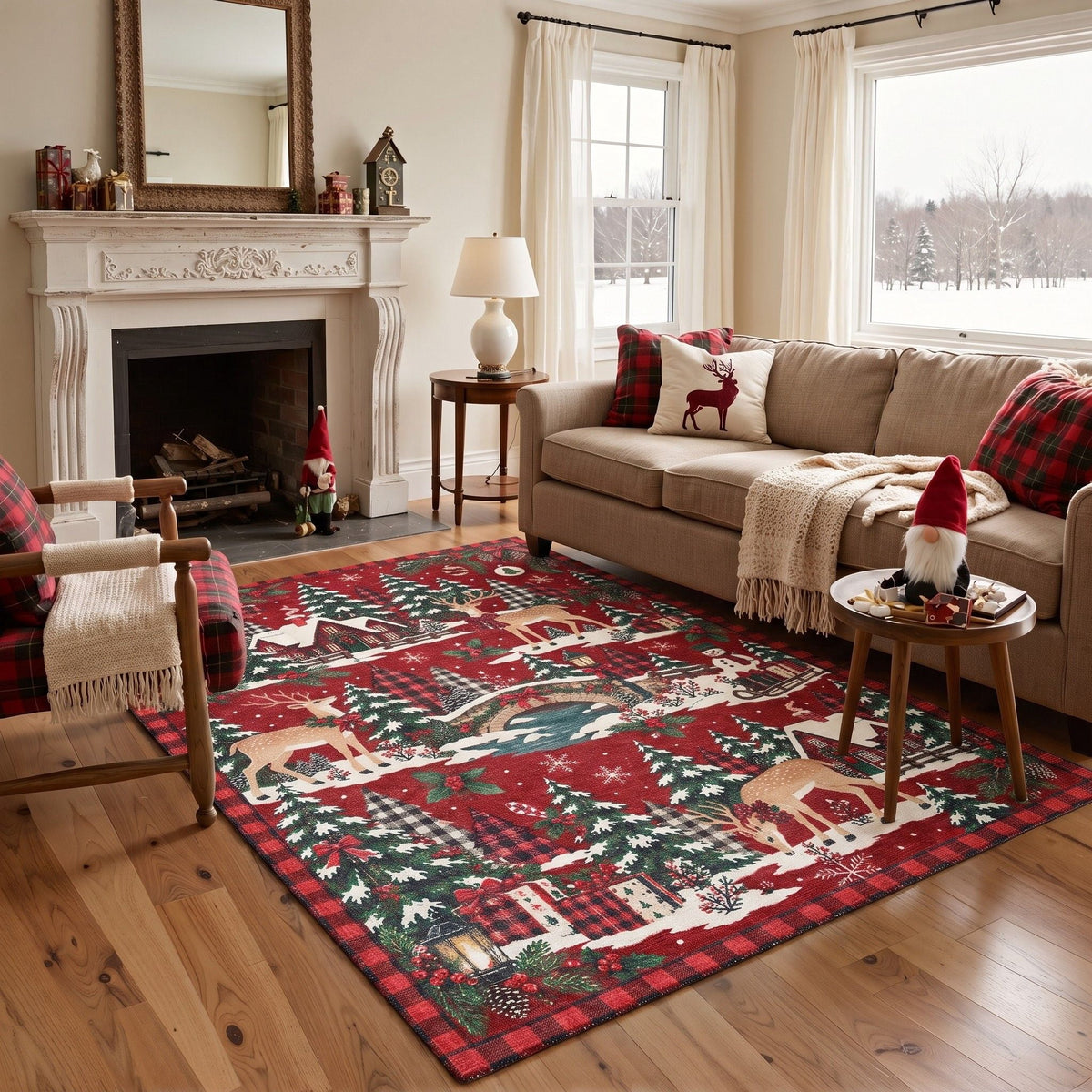 GENIMO 5'x7' Storybook Christmas Area Rug for Living Room, Soft Washable Non Slip Rug for Bedroom Dining Room Home Office, Deep Red