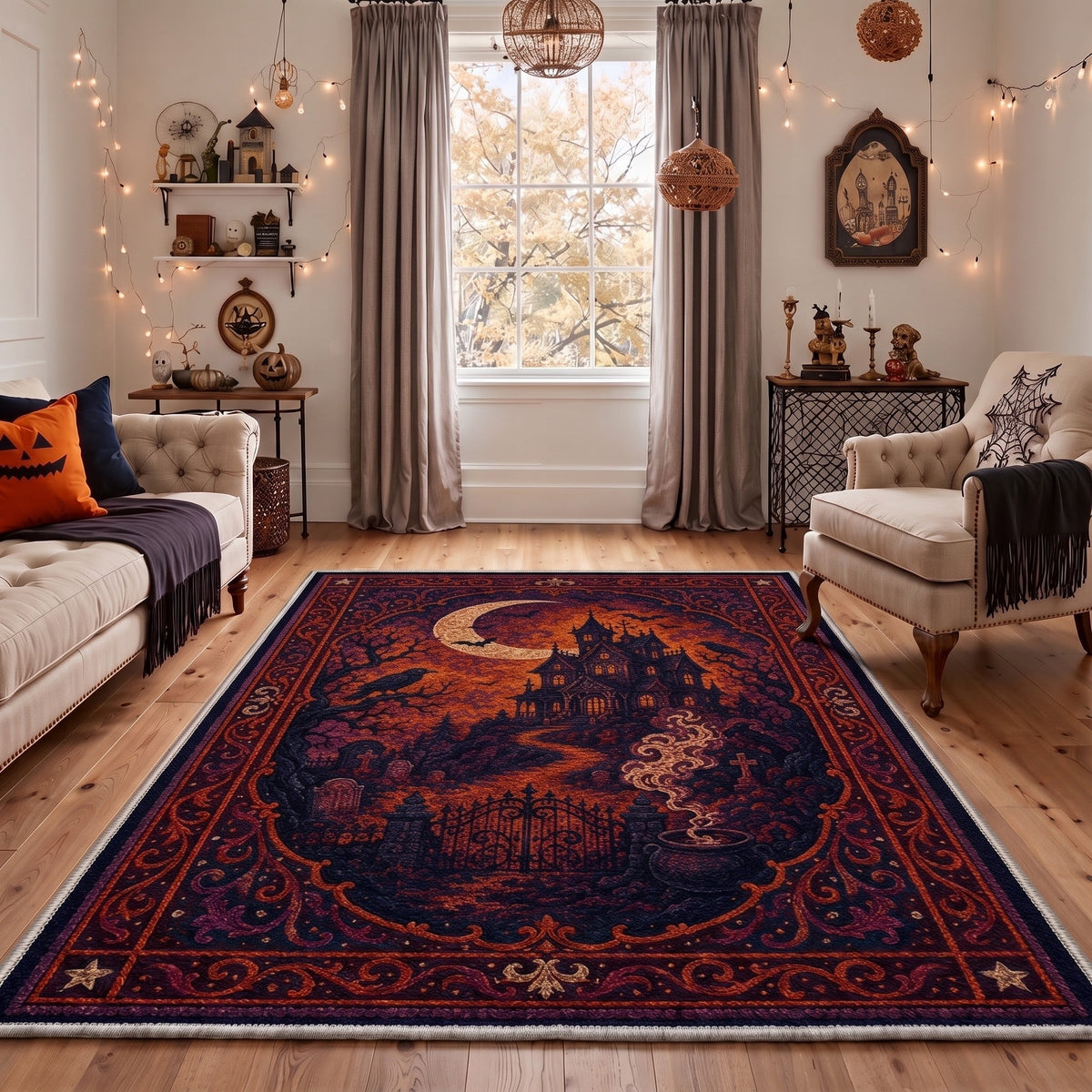 GENIMO 5'x7' Halloween Area Rug for Living Room, Washable Non Slip Soft Gothic Castle Indoor Rug for Bedroom Dining Room Home Office, Dusk Ember