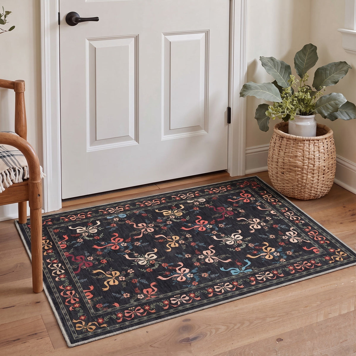 GENIMO 2'x3' Area Rug, Washable Non Slip Soft Floral Indoor Door Mat for Entryway Kitchen Laundry Room, Black