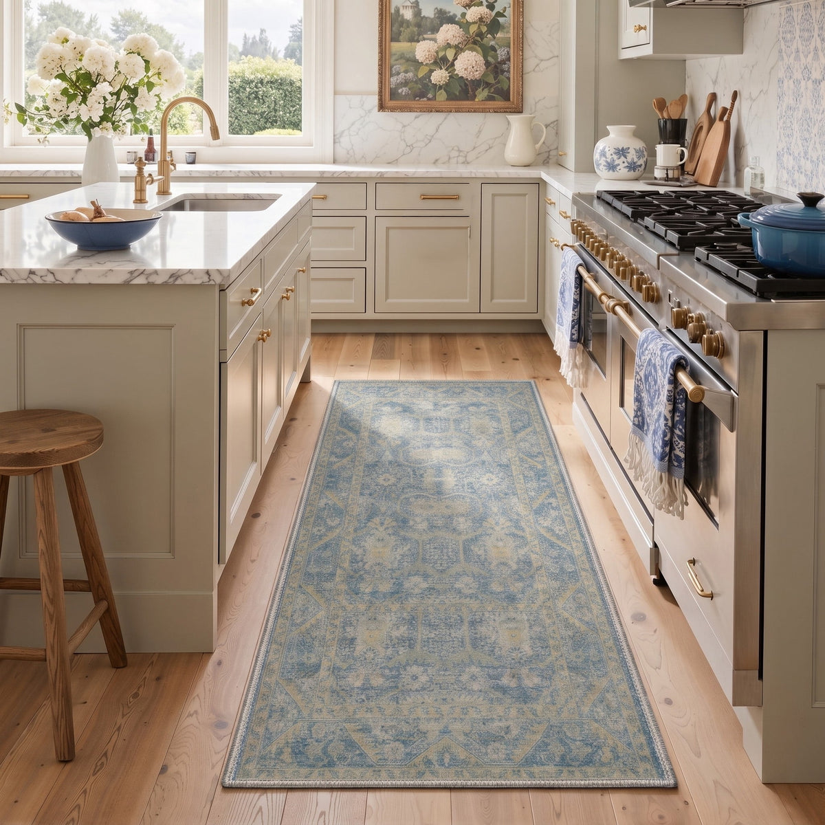 GENIMO 2'x7' Persian Runner Rug, Machine Washable Non Slip Low Pile Hallway Runner Rug for Kitchen Laundry Room, Dusty Blue