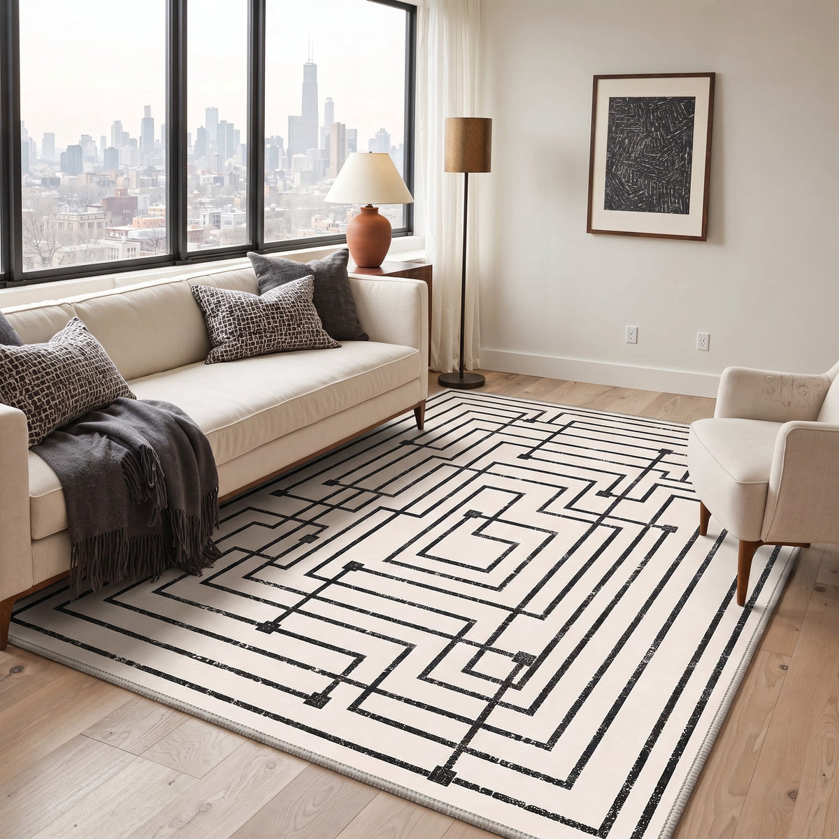 GENIMO 8'x10' Calm Minimalist Area Rug for Living Room, Large Machine Washable Non Slip Low Pile Rug for Bedroom Dining Room, Ivory Charcoal