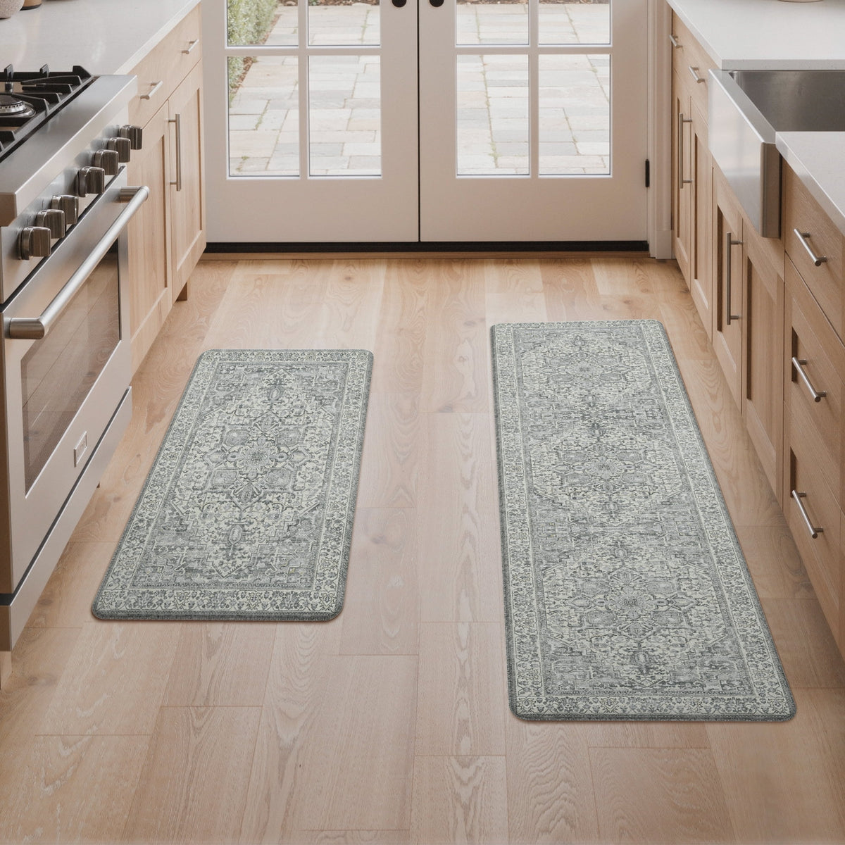 GENIMO 2 Piece Kitchen Rug Set 17"x47"+17"x30", Non-Slip Anti-Fatigue Runner Rug and Mat, Water-Resistant Vintage Oriental Kitchen Floor Mats for Sink and Laundry Room