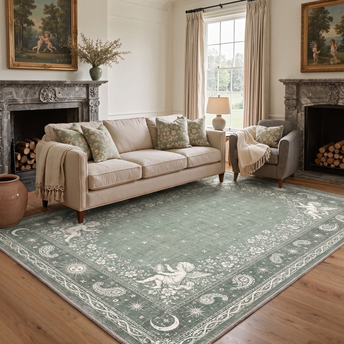 GENIMO 5'x7' Area Rug for Living Room, Machine Washable Non Slip Low Pile Rug for Bedroom Dining Room, Garden Floral, Dusty Sage