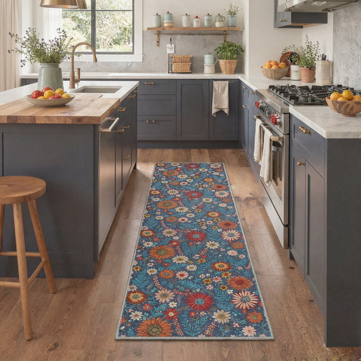 GENIMO 2' x 6' Runner Rug, Machine Washable Non Slip Low Pile Hallway Runner Rug for Kitchen Laundry Room, Muted Floral, Dusty Blue