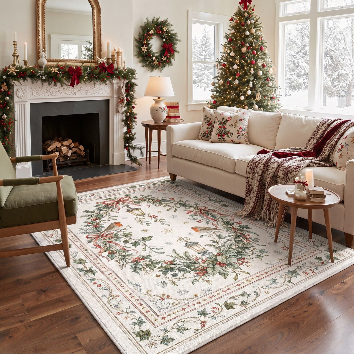 GENIMO 6'x9' Vintage Christmas Area Rug for Living Room, Soft Washable Non Slip Rug for Bedroom Dining Room Home Office, White