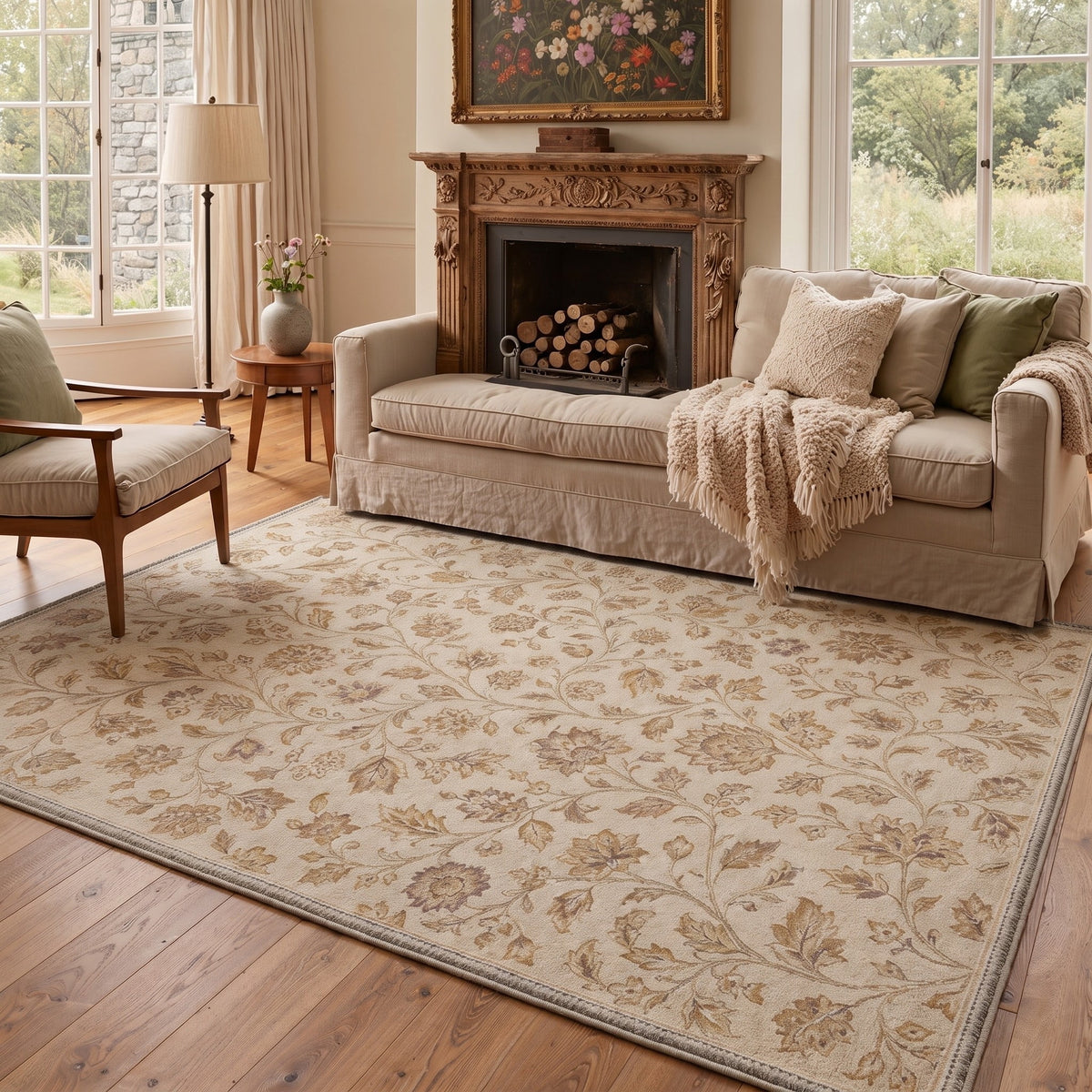 GENIMO 8'x10' Area Rug for Living Room, Large Machine Washable Non Slip Low Pile Rug for Bedroom Dining Room, Soft Floral, Dusty Beige