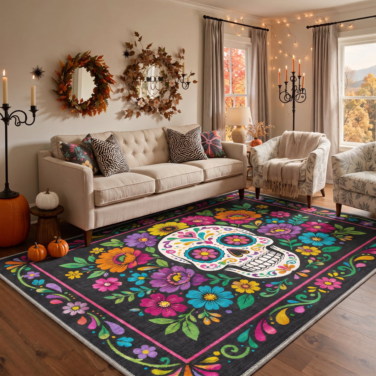 GENIMO 5'x7' Halloween Area Rug for Living Room, Washable Non Slip Soft Gothic Skull Indoor Rug for Bedroom Dining Room Home Office, Festive Noir