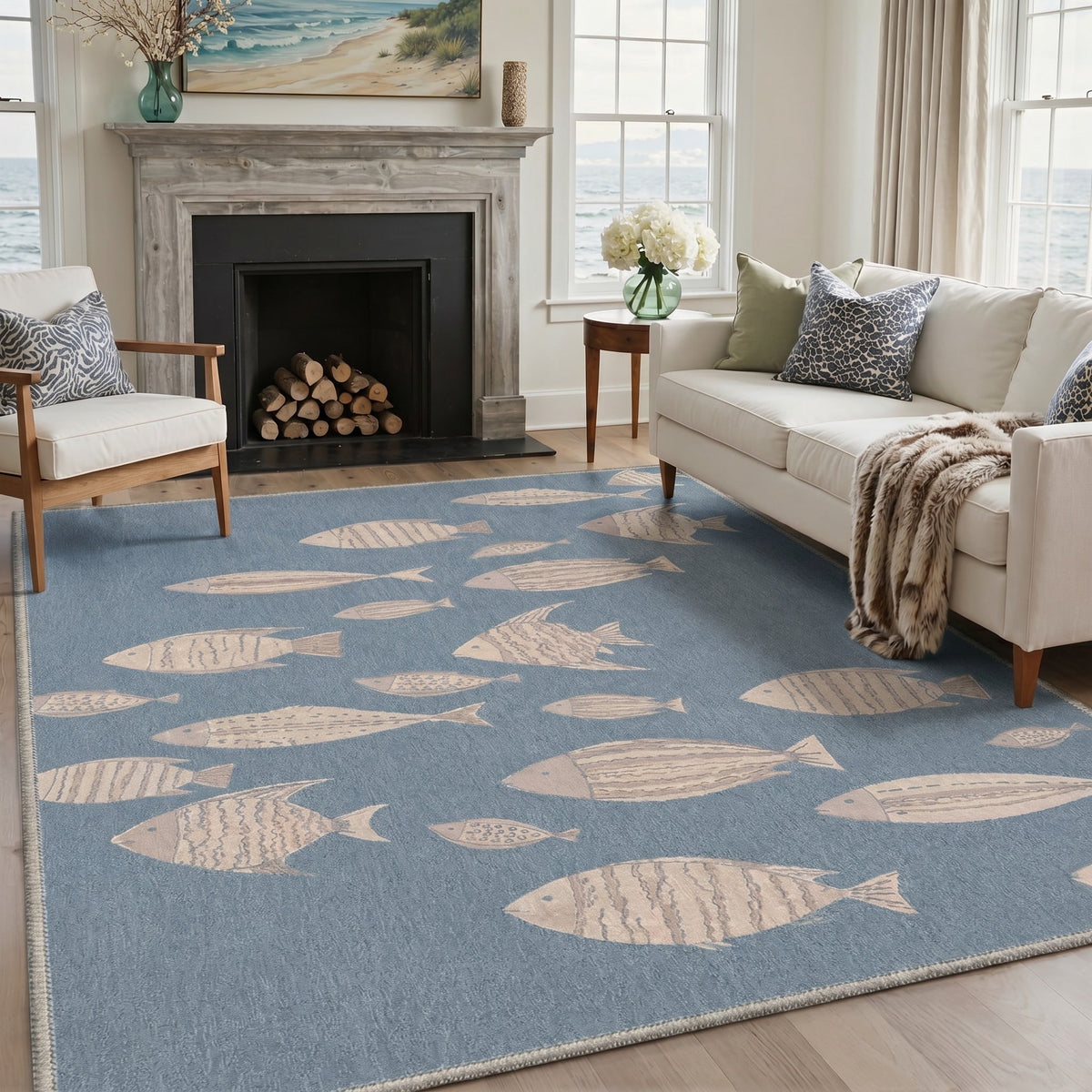 GENIMO 5'x7' Area Rug for Living Room, Machine Washable Non Slip Low Pile Rug for Bedroom Dining Room, Decorative Animal Print, Dusty Blue