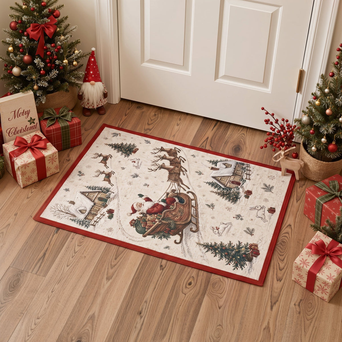 GENIMO 2'x3' Rustic Sleigh Christmas Area Rug, Soft Washable Non Slip Indoor Door Mat for Entryway Kitchen Laundry Room, Warm Ivory