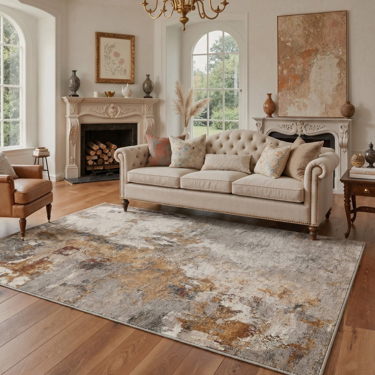 GENIMO 8'x10' Rug for Living Room, Large Machine Washable Non Slip Low Pile Area Rug for Bedroom Dining Room, Contemporary Abstract, OCHRE VEIL