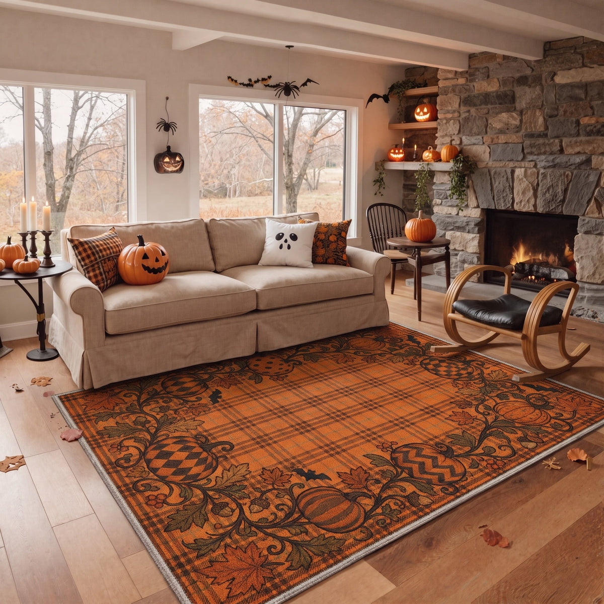 GENIMO 8'x10' Halloween Area Rug for Living Room, Washable Non Slip Soft Farmhouse Pumpkin Indoor Rug for Bedroom Dining Room Home Office, Rustic Orange