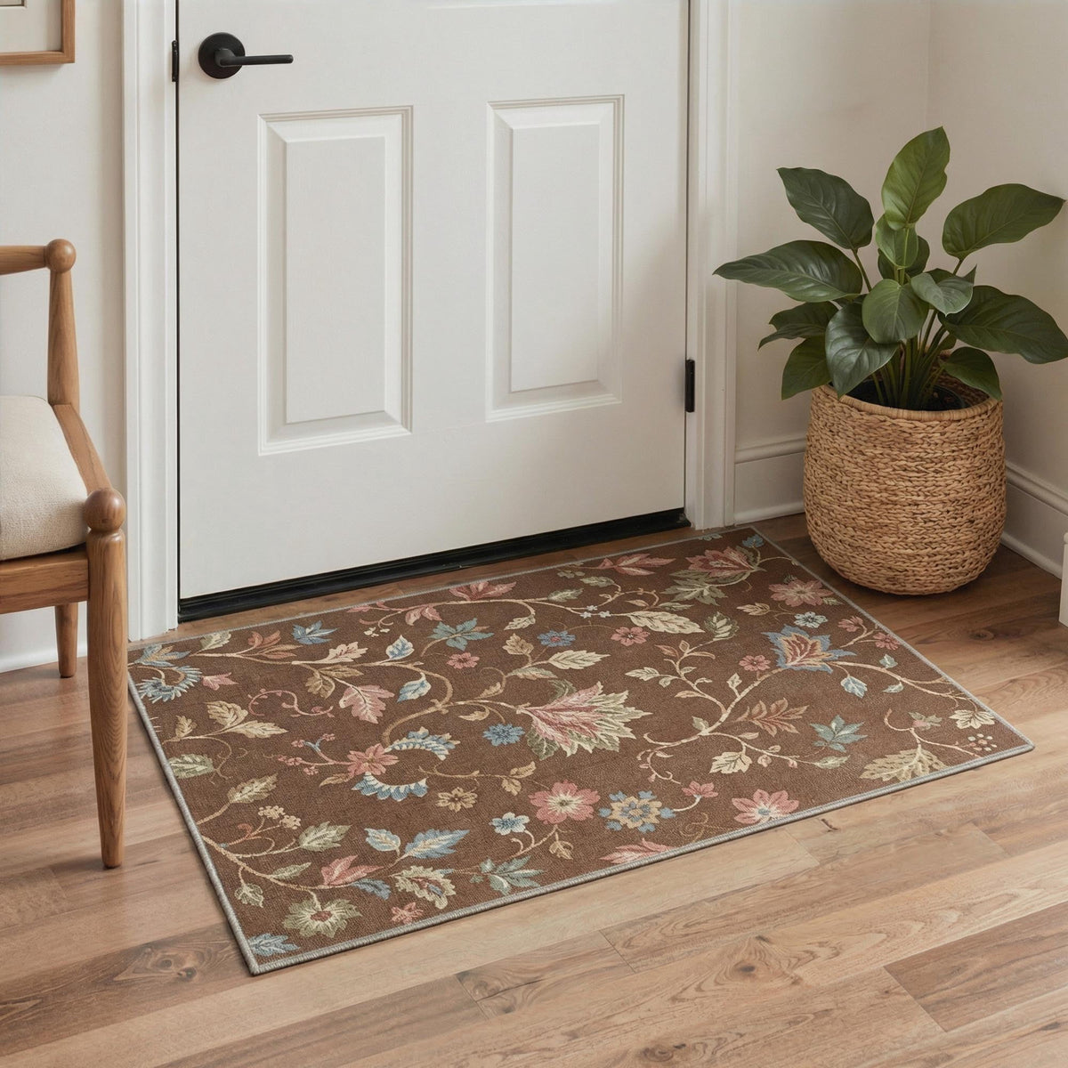 GENIMO 2'x3' Area Rug, Machine Washable Non Slip Low Pile Rug for Entryway Kitchen Bathroom Front Door, Romantic Floral, Dusty Brown