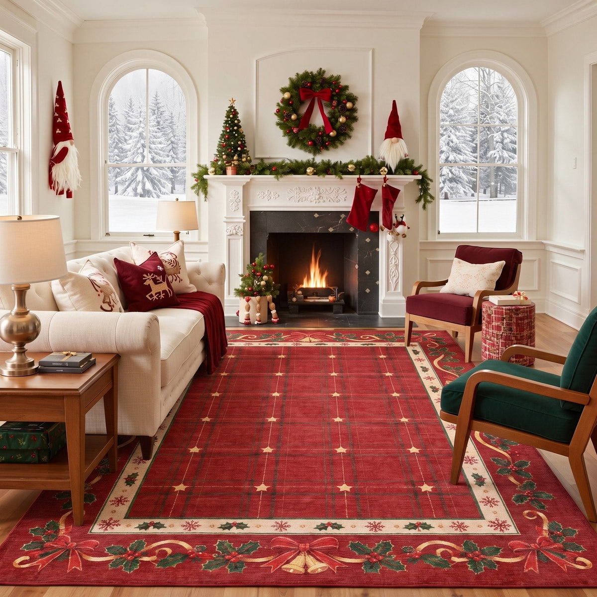 GENIMO 9'x12' Vintage Christmas Area Rug for Living Room, Soft Washable Non Slip Rug for Bedroom Dining Room Home Office, Crimson Red