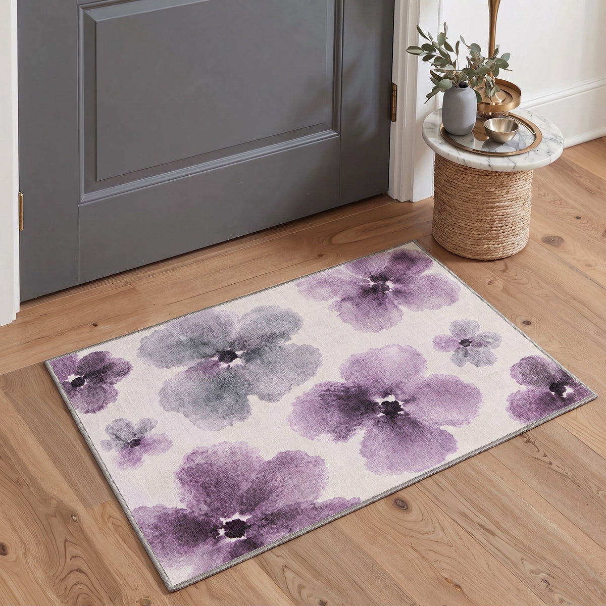 GENIMO 2'x3' Entryway Rug, Machine Washable Non Slip Low Pile Area Rug for Front Door Kitchen Bathroom, Modern Floral, MAUVE PETAL