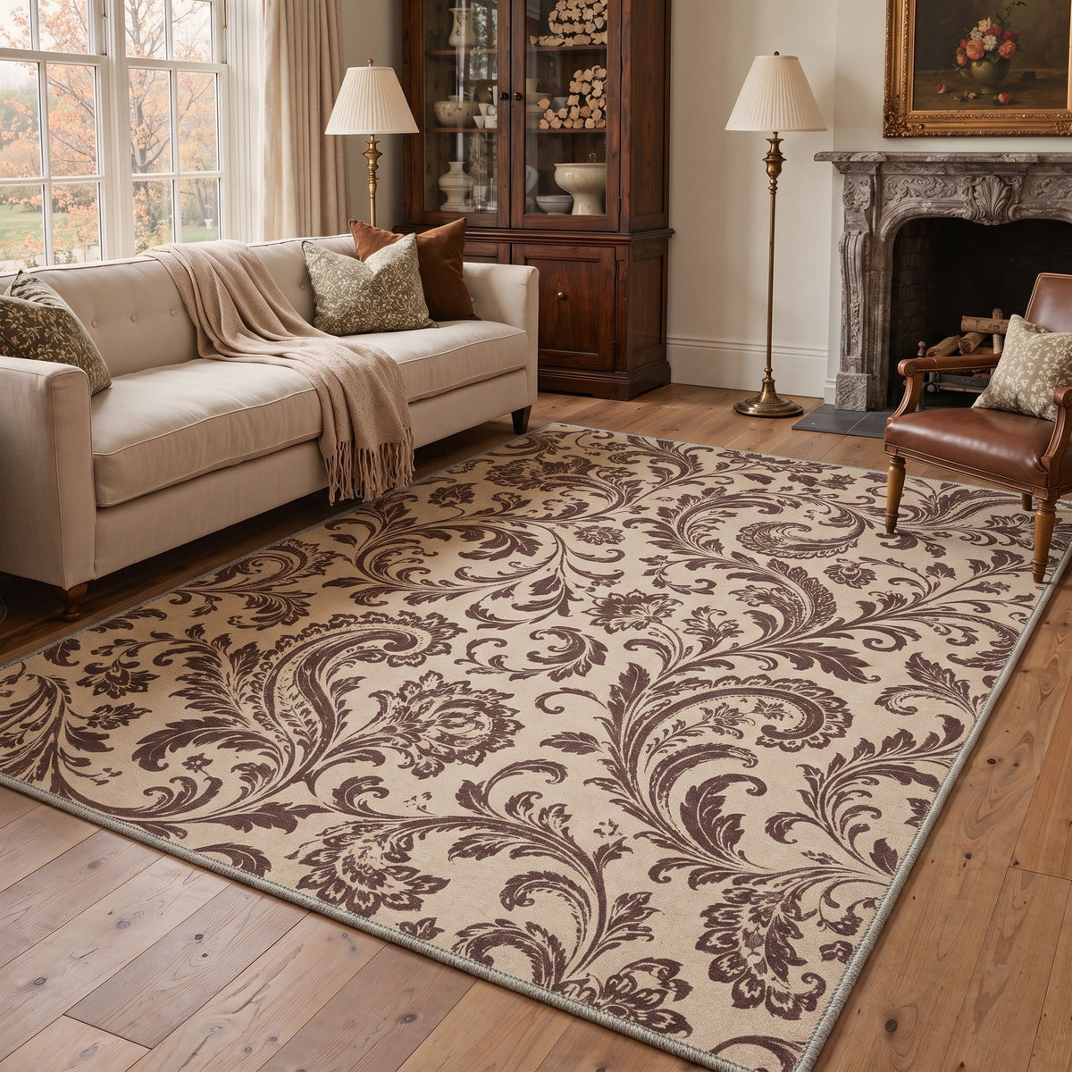 GENIMO 8'x10' Rug for Living Room, Large Machine Washable Non Slip Low Pile Area Rug for Bedroom Dining Room, Romantic Floral, Mocha Beige