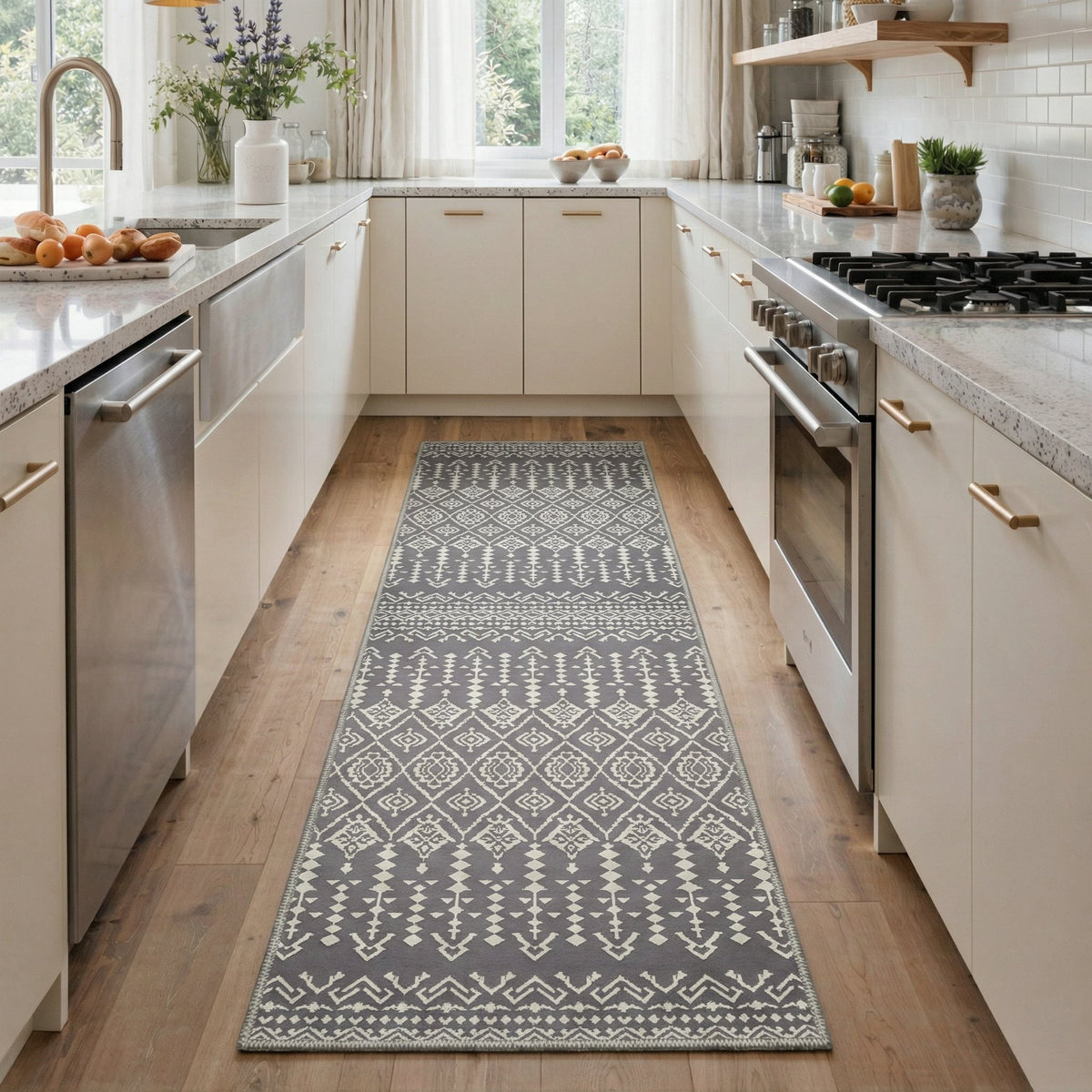 GENIMO 2' x 6' Boho Farmhouse Runner Rug, Machine Washable Non Slip Low Pile Hallway Runner Rug for Kitchen Laundry Room, Dusty Gray