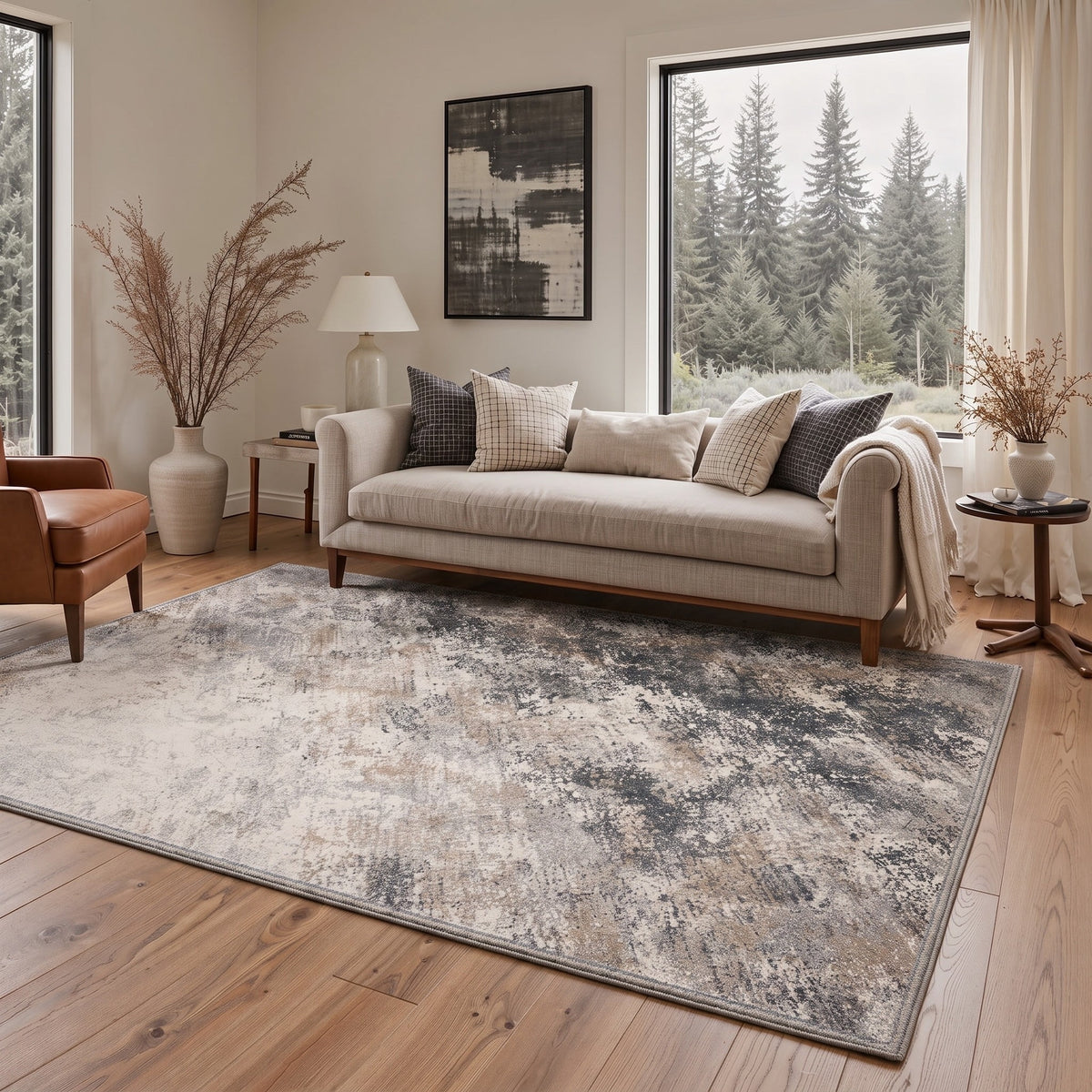 GENIMO 8'x10' Rug for Living Room, Large Machine Washable Non Slip Low Pile Area Rug for Bedroom Dining Room, Contemporary Abstract, Dusty Greige