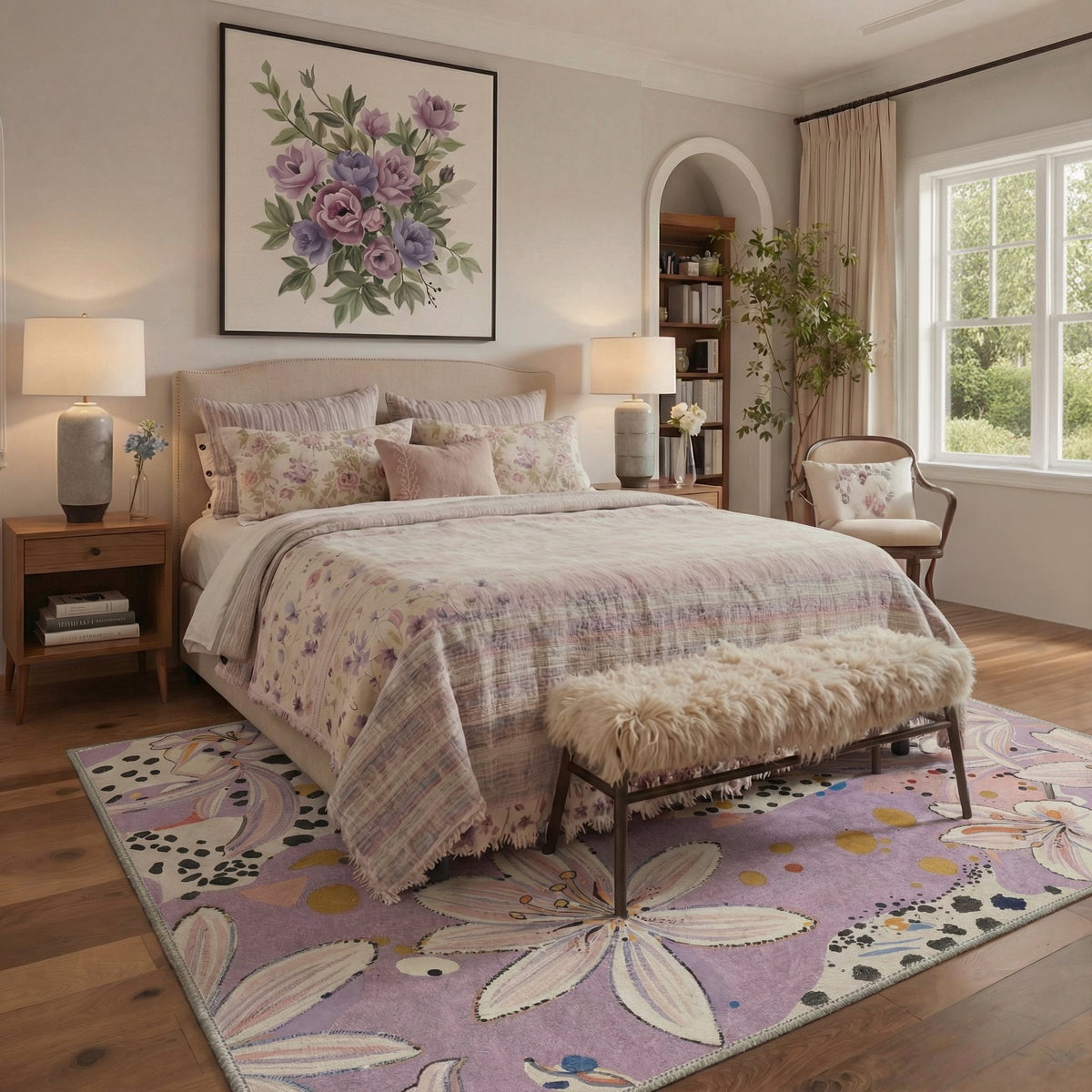GENIMO 5'x7' Area Rug for Living Room, Machine Washable Non Slip Low Pile Rug for Bedroom Dining Room, Nature Inspired Animal Print, Soft Lilac