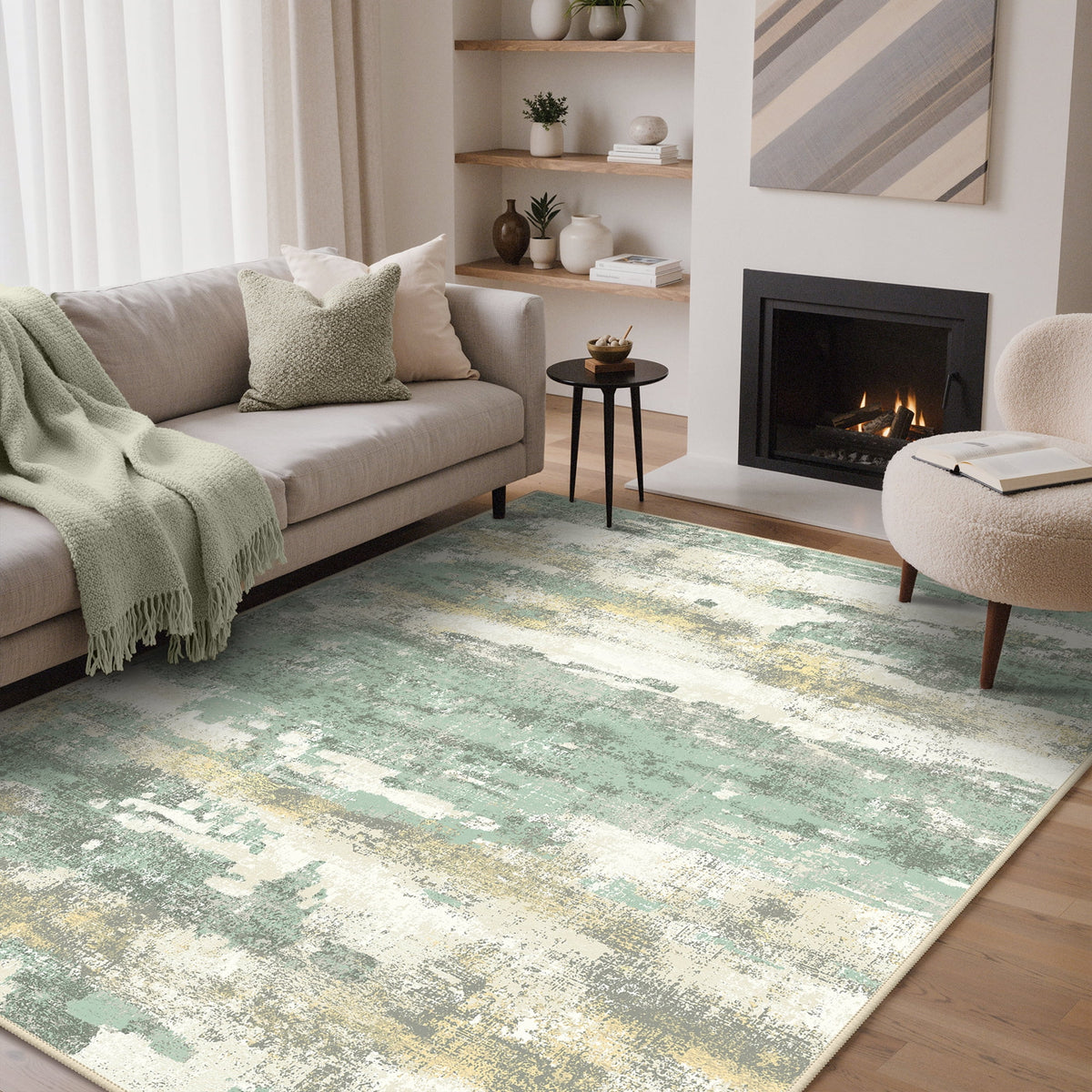 GENIMO 5' x 7' Washable Rug for Living Room, Low Pile Non-Slip Reversible Modern Abstract Area Rug for Bedroom Dining Room Home Office, Green Beige