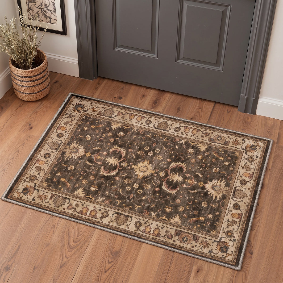 GENIMO 2'x3' Entryway Rug, Machine Washable Non Slip Low Pile Area Rug for Front Door Kitchen Bathroom, Vintage Persian, Antique Taupe