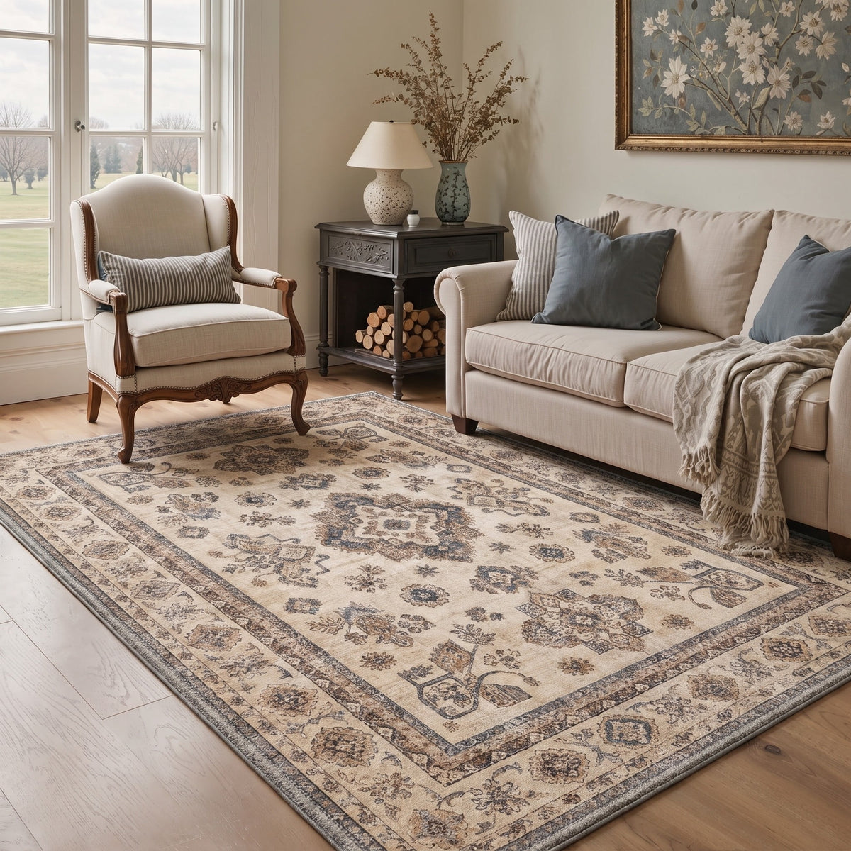 GENIMO 8'x10' Rug for Living Room, Large Machine Washable Non Slip Low Pile Area Rug for Bedroom Dining Room, Distressed Persian Diamond, AMBERVEIL