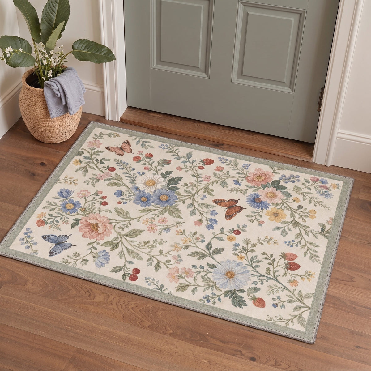 GENIMO 2'x3' Entryway Rug, Machine Washable Non Slip Low Pile Area Rug for Front Door Kitchen Bathroom, Modern Floral, Dusty Cream