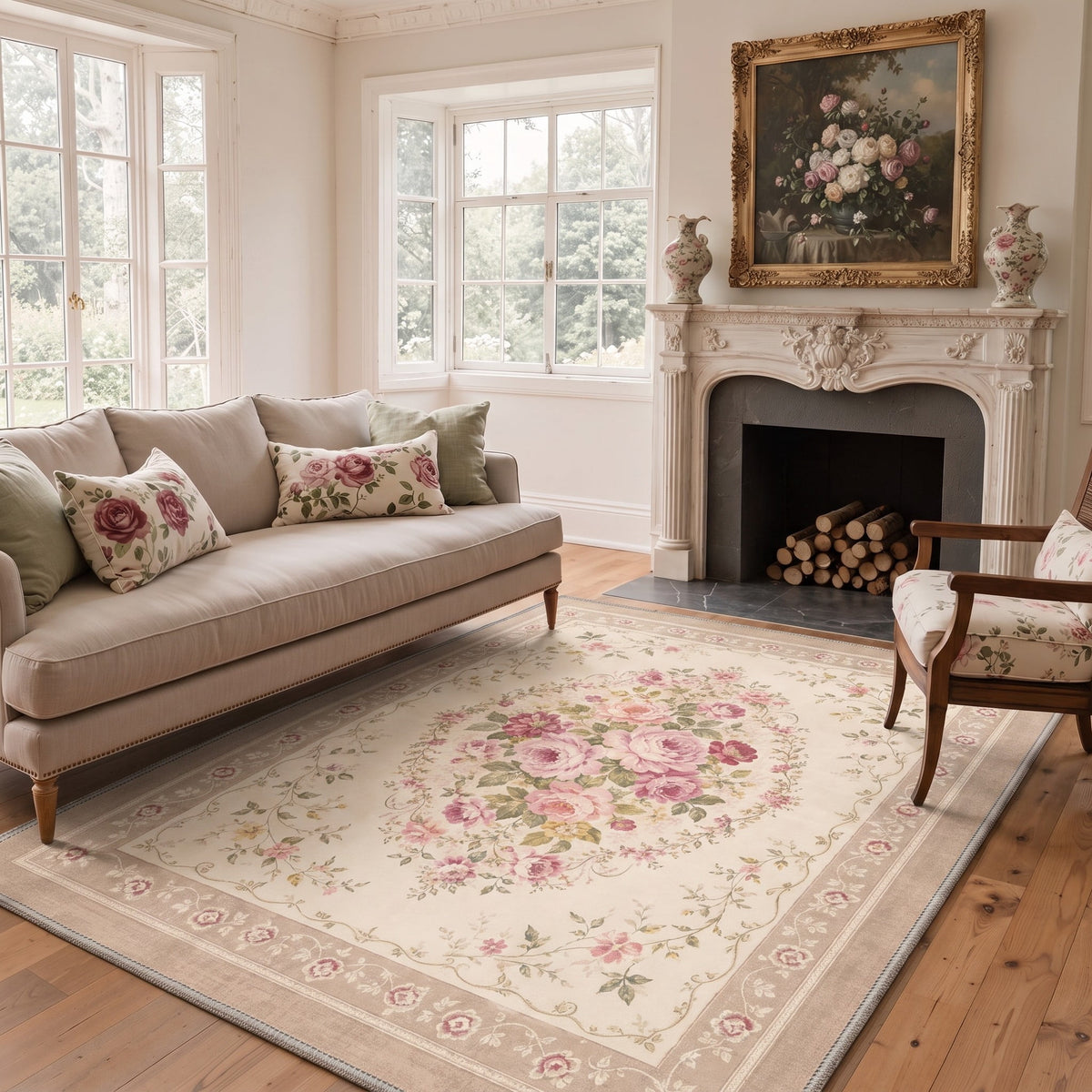 GENIMO 8'x10' Area Rug for Living Room, Large Machine Washable Non Slip Low Pile Rug for Bedroom Dining Room, Soft Floral, Blush Beige