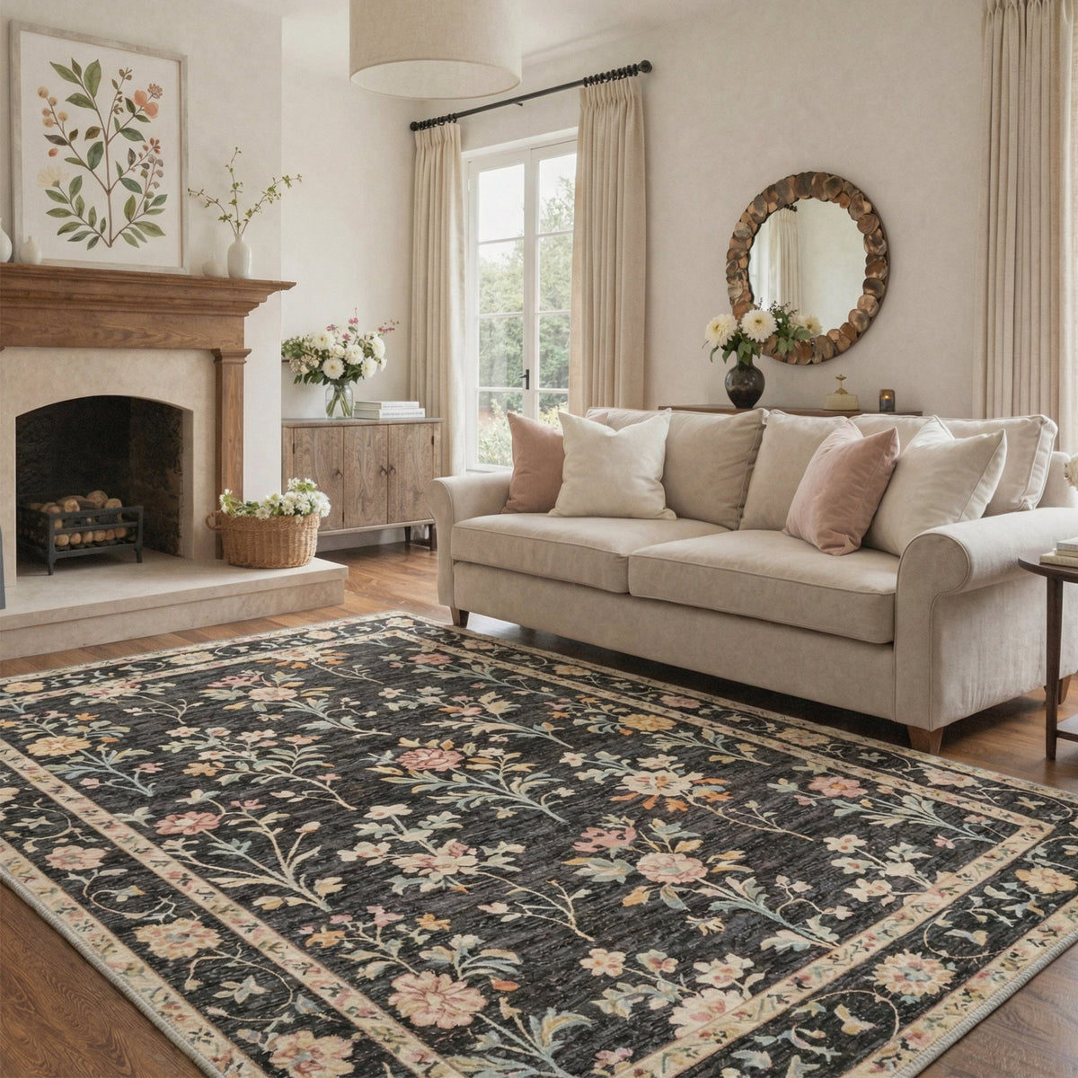 GENIMO 8'x10' Rug for Living Room, Large Machine Washable Non Slip Low Pile Area Rug for Bedroom Dining Room, Romantic Floral, Dusty Charcoal