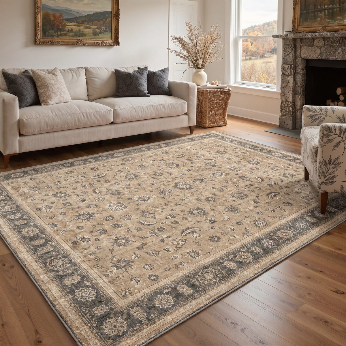 GENIMO 8'x10' Rug for Living Room, Large Machine Washable Non Slip Low Pile Area Rug for Bedroom Dining Room, Traditional Persian, Warm Taupe