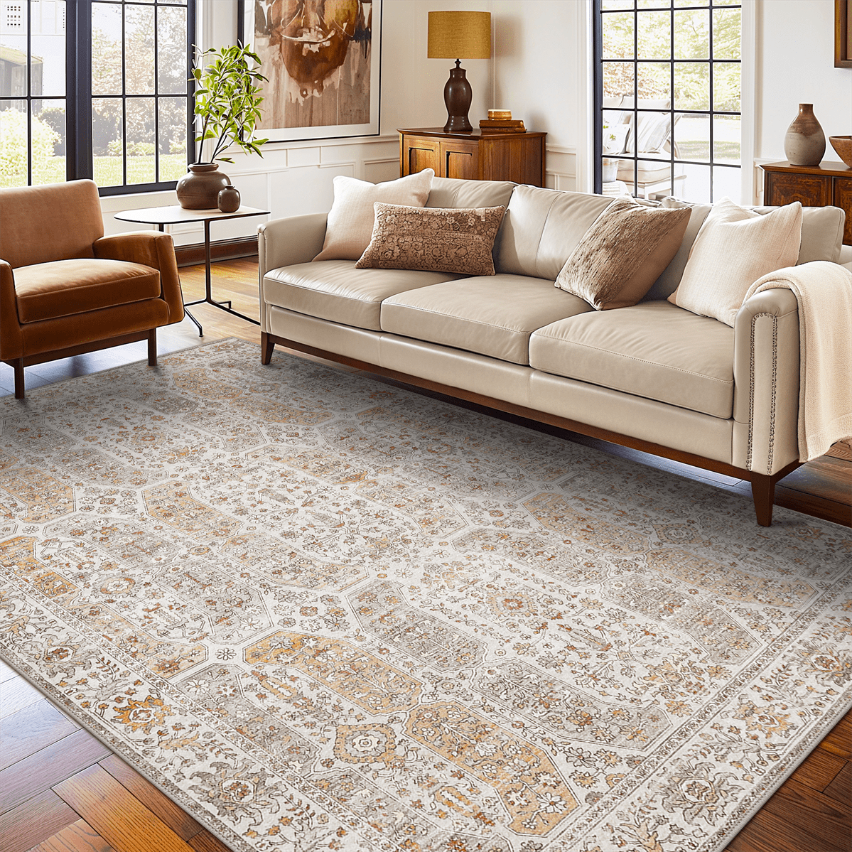 GENIMO 5'x7' Area Rug, Machine Washable Vintage Oriental Low Pile Rug with Non Slip Backing for Living Room, Bedroom, Dining Room, Multi
