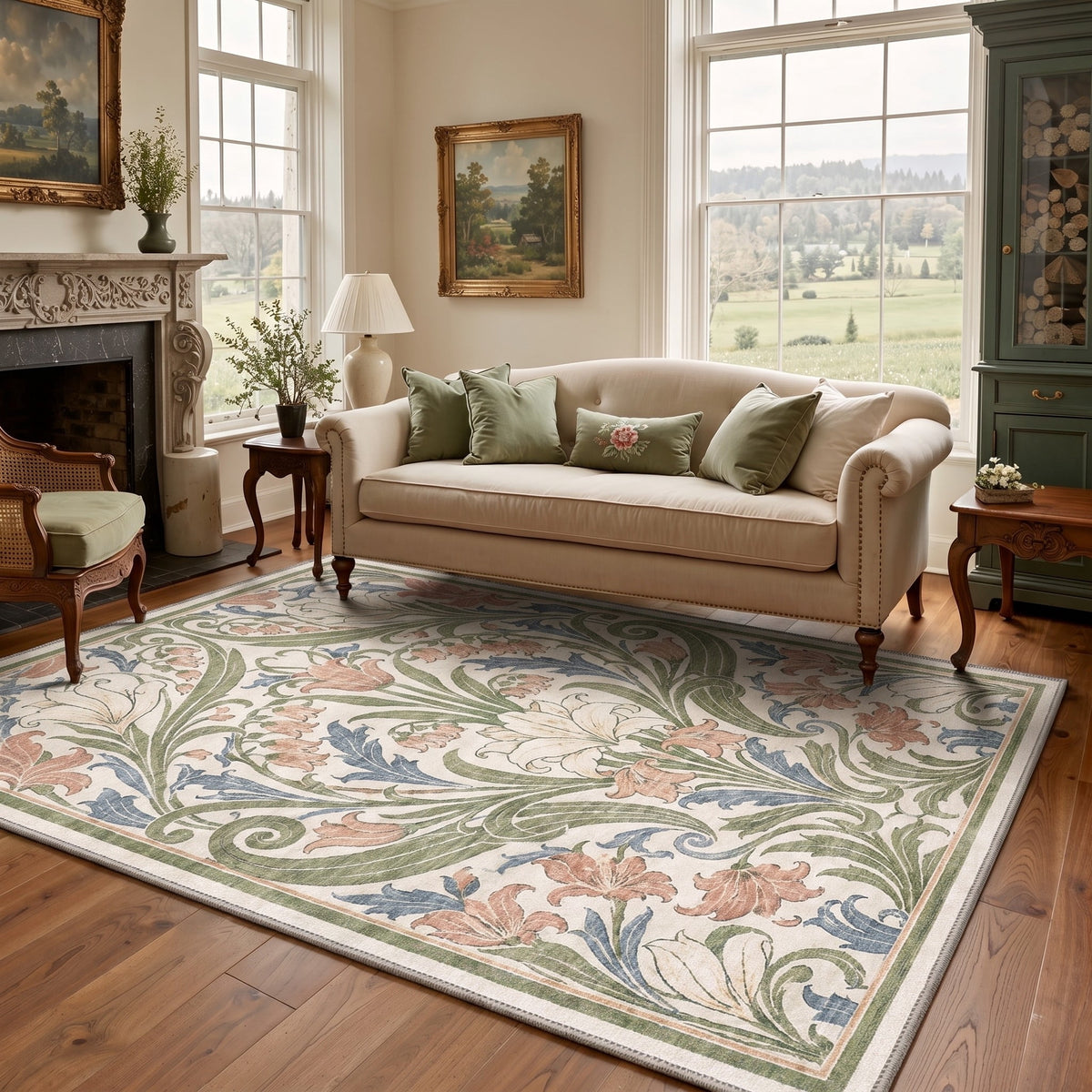 GENIMO 8'x10' Rug for Living Room, Large Machine Washable Non Slip Low Pile Area Rug for Bedroom Dining Room, Contemporary Art, JADE BLOOM