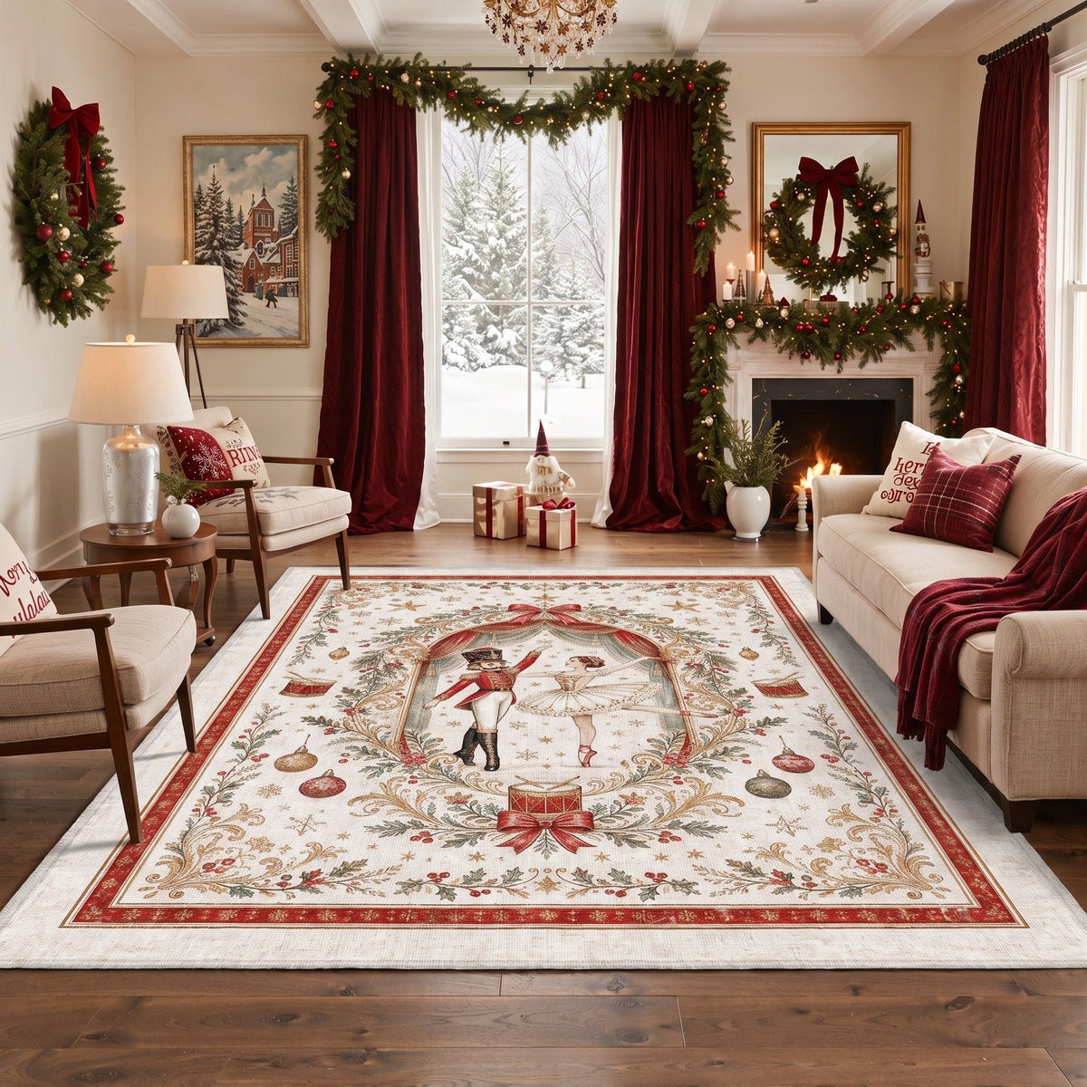 GENIMO 6'x9' Vintage Christmas Area Rug for Living Room, Soft Washable Non Slip Rug for Bedroom Dining Room Home Office, Light Red