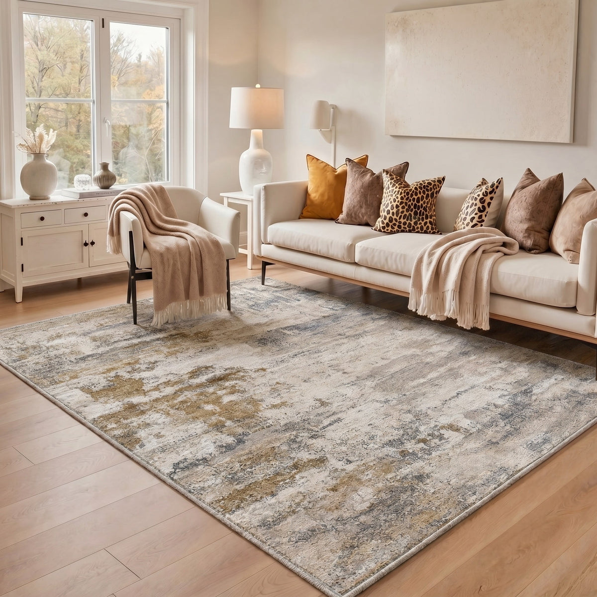 GENIMO 5'x7' Area Rug for Living Room, Machine Washable Non Slip Low Pile Rug for Bedroom Dining Room, Clean Abstract, OCHRE VEIL