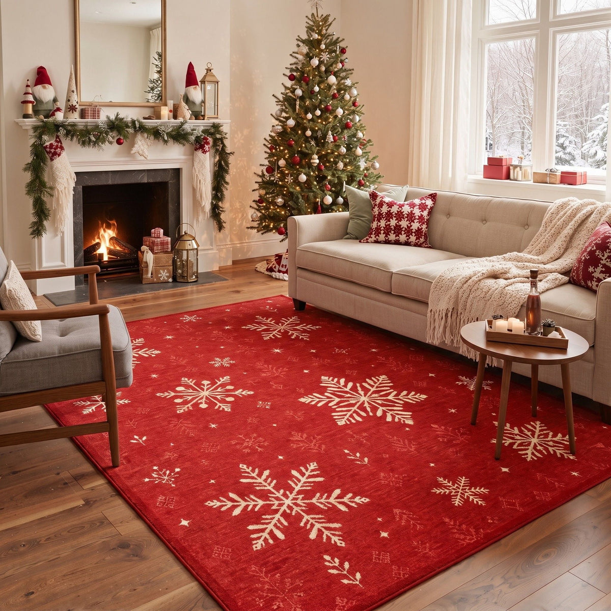 GENIMO 4'x6' Modern Snowflake Christmas Area Rug for Living Room, Soft Washable Non Slip Rug for Bedroom Dining Room Home Office, Christmas Red