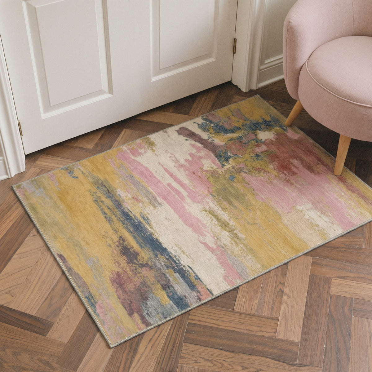 GENIMO 2'x3' Entryway Rug, Machine Washable Non Slip Low Pile Area Rug for Front Door Kitchen Bathroom, Minimal Abstract, Blush Gold