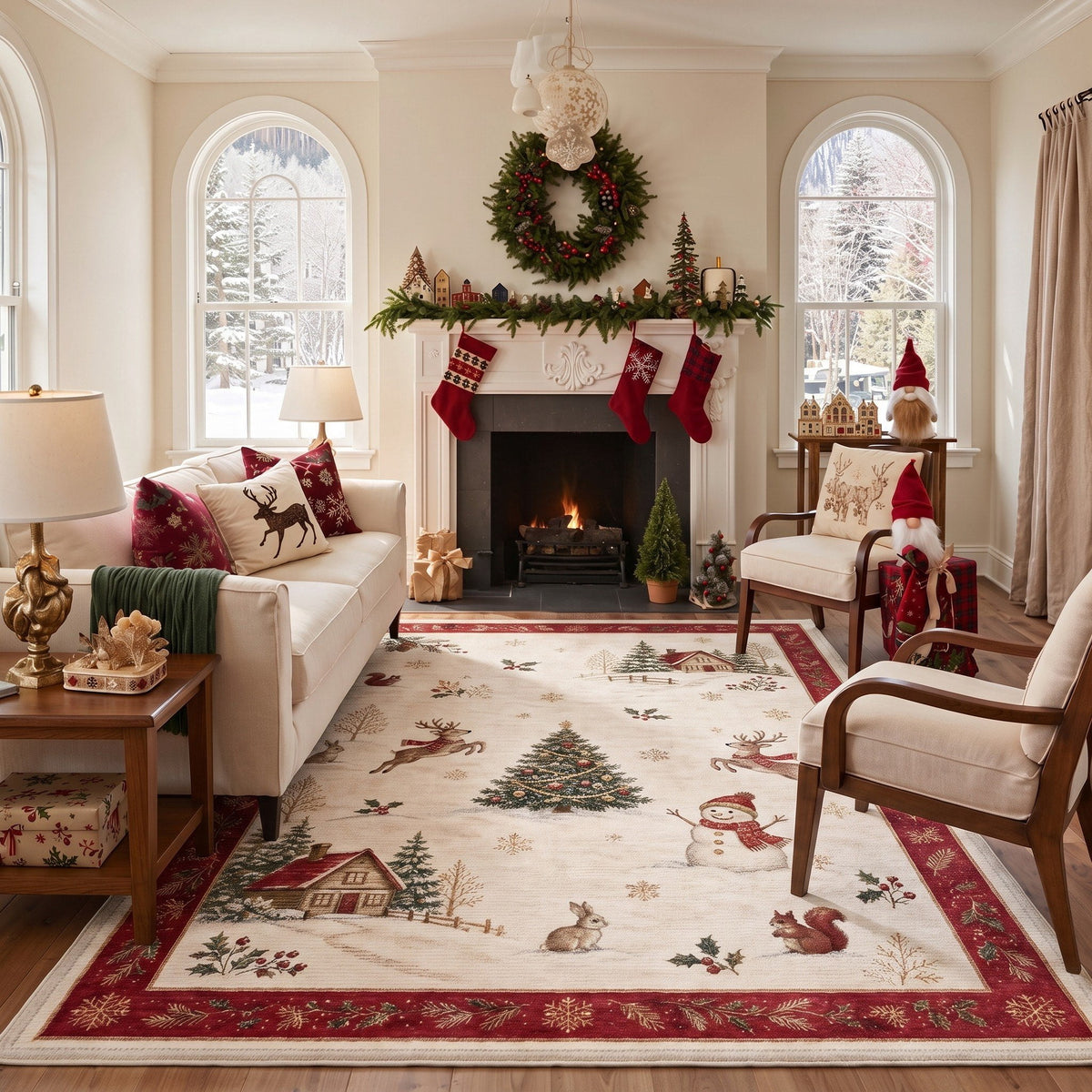 GENIMO 8'x10' Rustic Woodland Christmas Area Rug for Living Room, Soft Washable Non Slip Rug for Bedroom Dining Room Home Office, Warm Ivory
