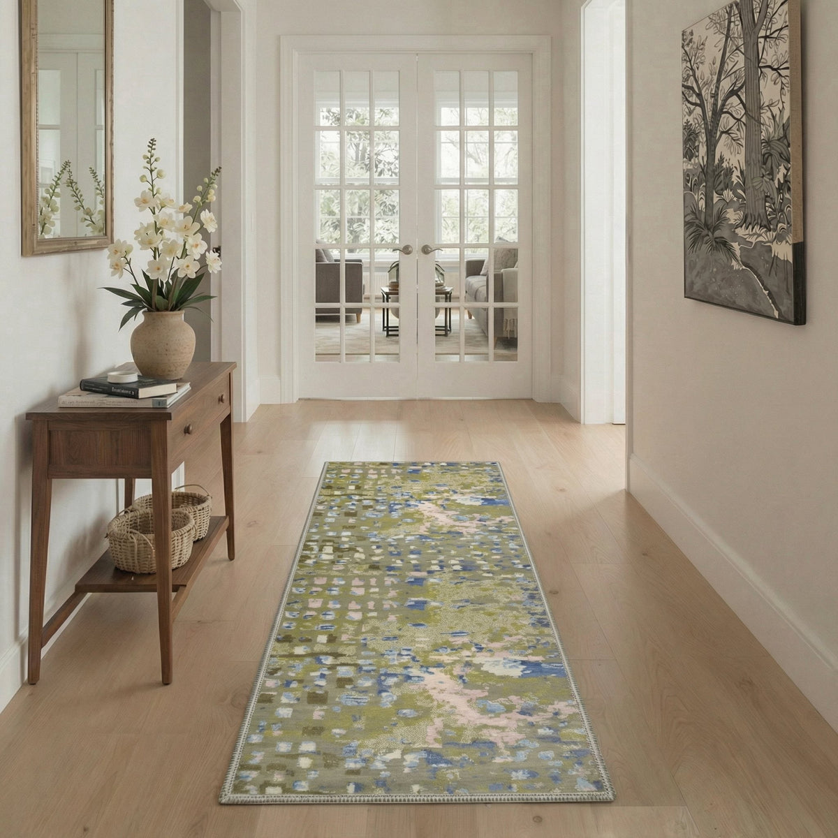 GENIMO 2' x 6' Runner Rug, Machine Washable Non Slip Low Pile Hallway Runner Rug for Kitchen Laundry Room, Contemporary Abstract, Dusty Olive