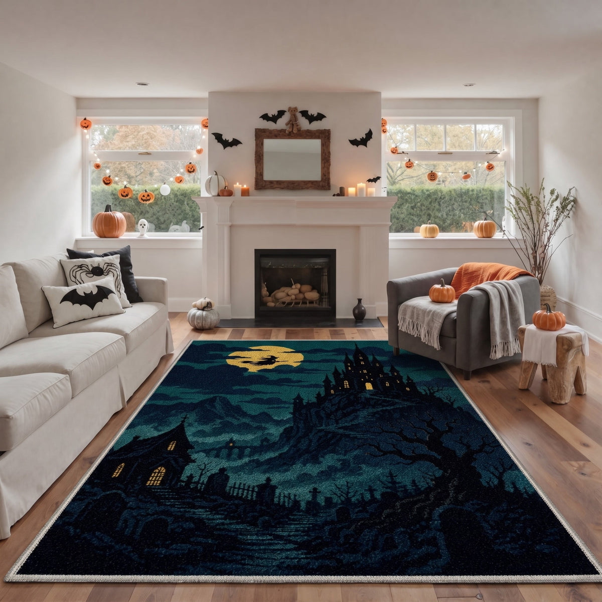 GENIMO 8'x10' Halloween Area Rug for Living Room, Washable Non Slip Soft Gothic Castle Indoor Rug for Bedroom Dining Room Home Office, Midnight Teal