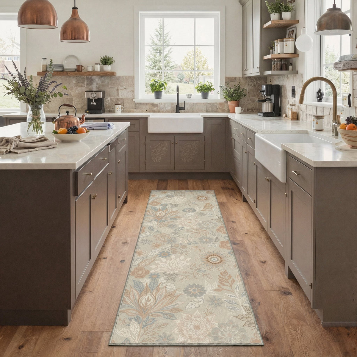 GENIMO 2' x 6' Runner Rug, Machine Washable Non Slip Low Pile Hallway Runner Rug for Kitchen Laundry Room, Romantic Floral, Muted Beige