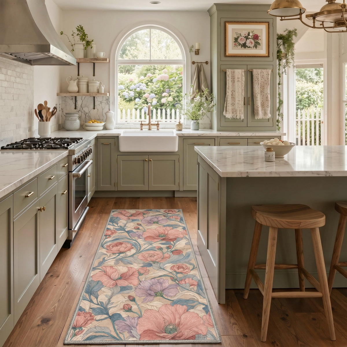 GENIMO 2'x7' Runner Rug, Machine Washable Non Slip Low Pile Hallway Runner Rug for Kitchen Laundry Room, Botanical Floral, Vintage Pastel