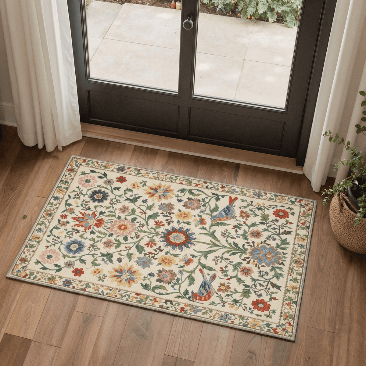 GENIMO 2'x3' Entryway Rug, Machine Washable Non Slip Low Pile Area Rug for Front Door Kitchen Bathroom, Botanical Floral, Soft Cream