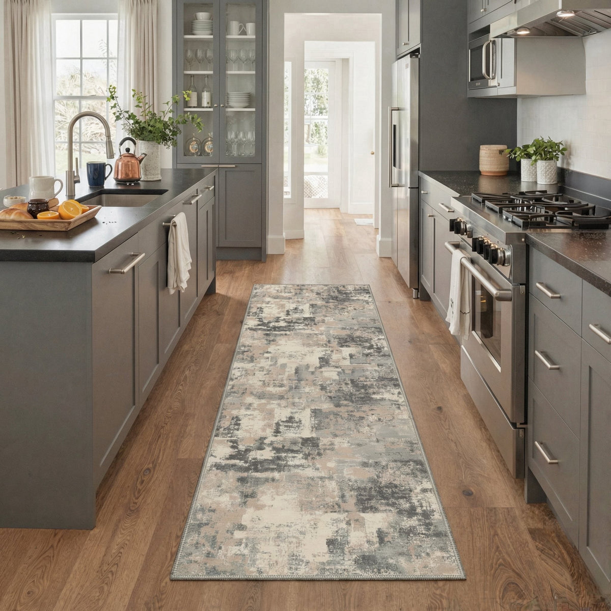 GENIMO 2' x 6' Runner Rug, Machine Washable Non Slip Low Pile Hallway Runner Rug for Kitchen Laundry Room, Contemporary Abstract, Dusty Beige