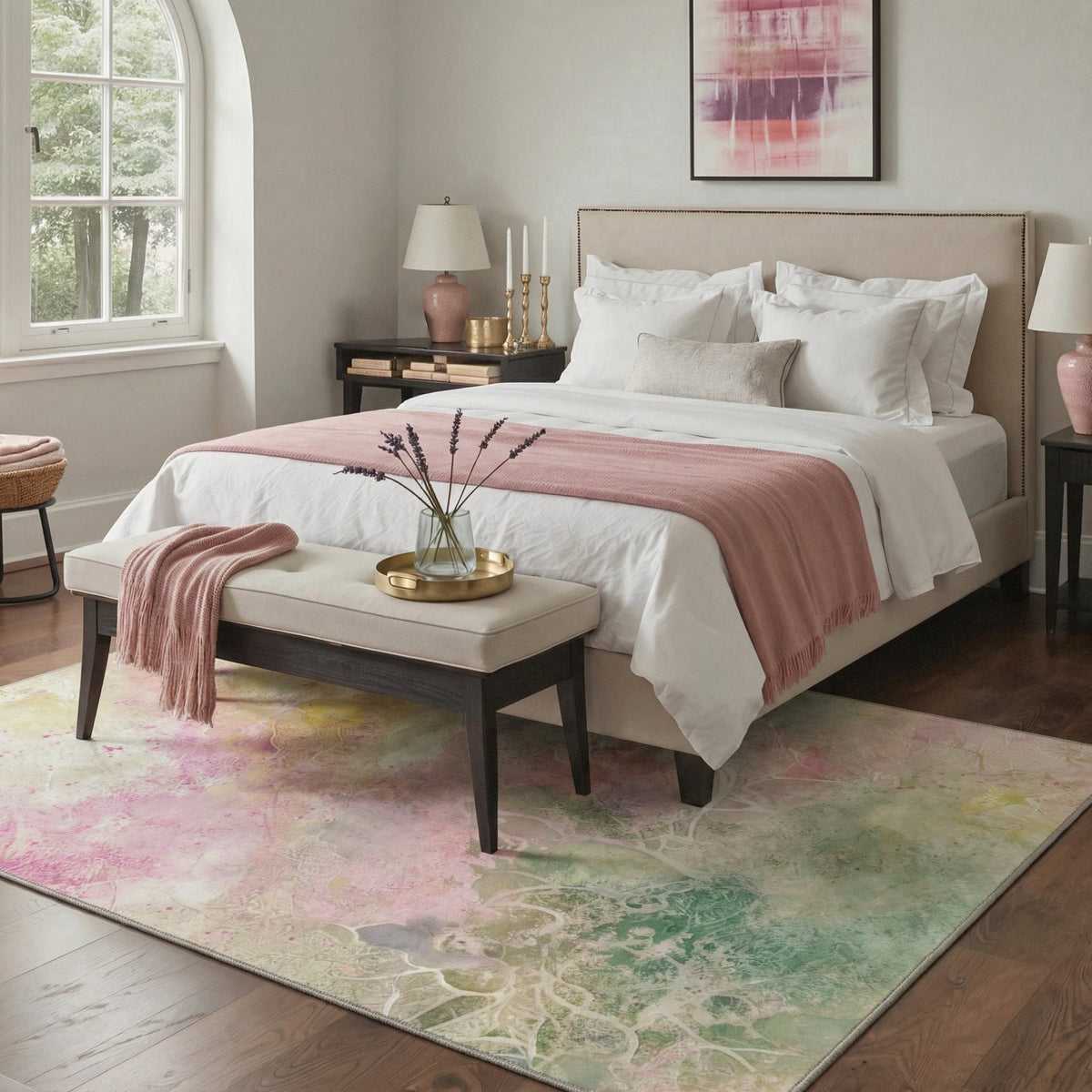 GENIMO 5'x7' Area Rug for Living Room, Machine Washable Non Slip Low Pile Rug for Bedroom Dining Room, Clean Abstract, Soft Pastel