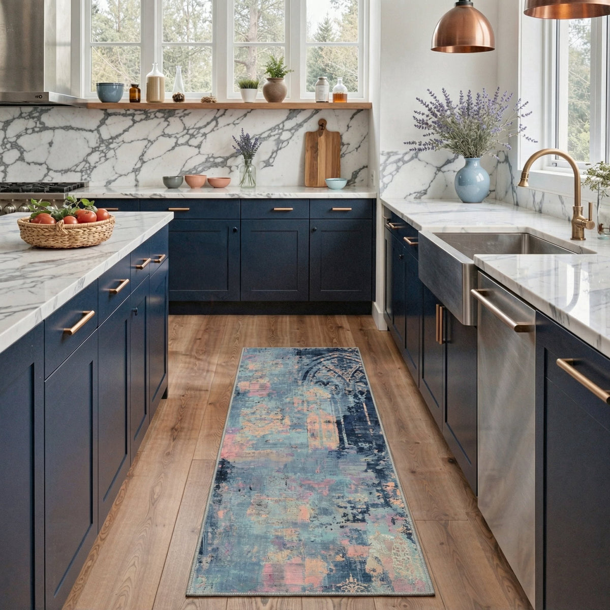 GENIMO 2'x7' Runner Rug, Machine Washable Non Slip Low Pile Hallway Runner Rug for Kitchen Laundry Room, Muted Abstract, Dusty Blue