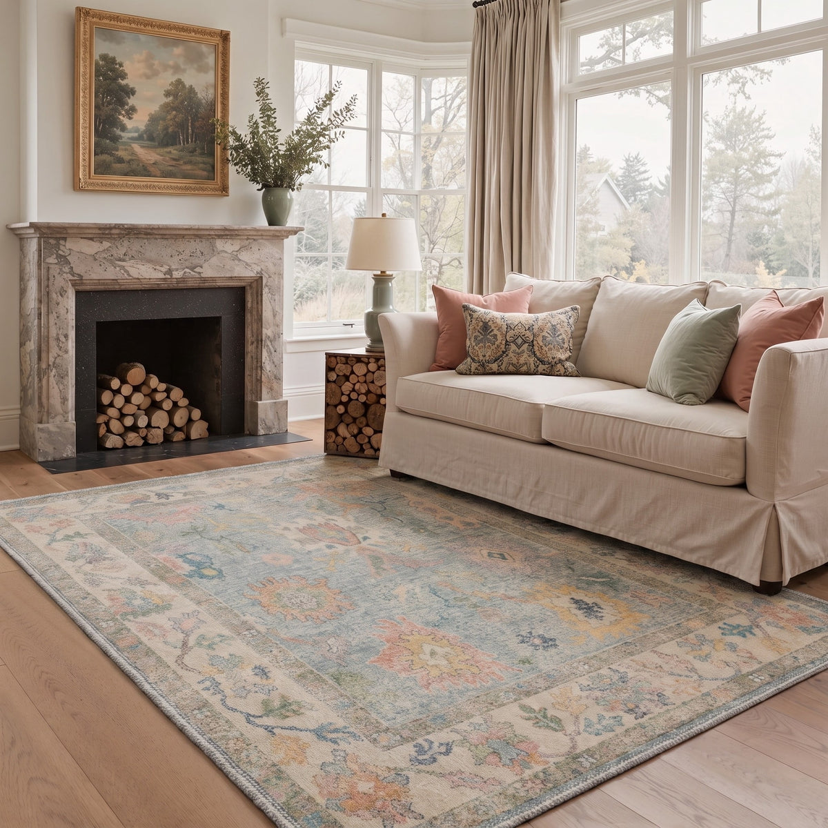 GENIMO 8'x10' Rug for Living Room, Large Machine Washable Non Slip Low Pile Area Rug for Bedroom Dining Room, Antique Persian, Dusty Blue